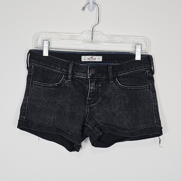 Hollister Washed Black Denim Raw Hem Cuffed Shorts 5 / 27 - Picture 1 of 4